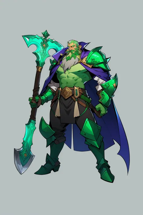 concept art, character design, 1man, male focus, solo, glowing eyes, green skin, glowing, grey background, holding axe, dual wielding, hook hand, muscular, beard, simple background, facial hair, standing, green eyes, cape, full body, boots, shoulder armor,...