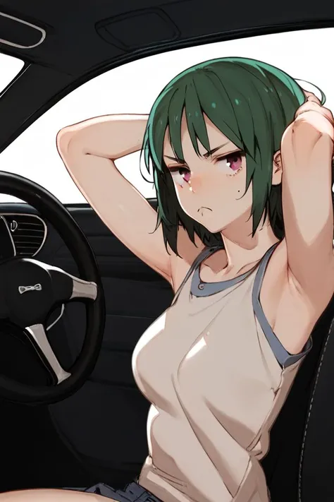 score_9, score_8_up, score_7_up, 1girl, pout, dark_green hair, bangs, inverted_bob, brown eyes, medium breasts, hands_behind_head, car interior, dim light <lora:toi8_PonyXL_style_v01:1>