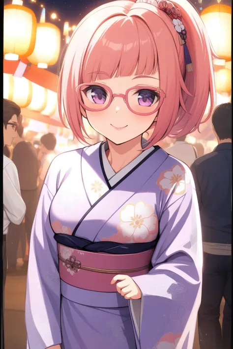 (masterpiece, best quality, very aesthetic, ultra detailed), intricate details, nejikawaraimu, solo, outdoors, night, summer festival, pink hair, ponytail, asymmetrical bangs, short hair, pink-framed eyewear, glasses, purple eyes, medium breasts, purple ki...