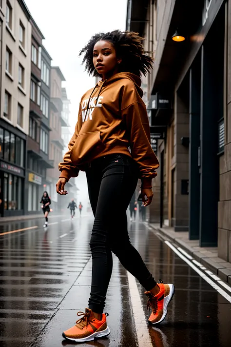 Medium view 8k photography, (Young woman walking in streetwear:1.2), Volumetric lighting enhancement, (Dynamic stride pose:1.3), Realistic hair texture, (Casual clothing:1.2), Earthy color palette, Bustling street scene, Foggy Scottish setting