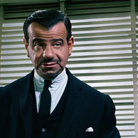 charade, waltermatthau, blinds, 1boy, male focus, necktie, formal, solo, suit, realistic, black necktie, black hair, shirt, white shirt, black jacket, jacket, upper body, collared shirt, indoors, black suit, looking at viewer, black eyes, long sleeves, smi...