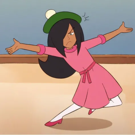 1girl, Rachel, beret,  black hair, pink dress, dancing, annoyed, full body