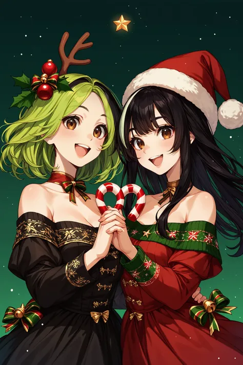 rebthgin, 2girls, black hair, streaked hair, green hair, brown eyes, holding hands, walking, smile, open mouth, happy, holding candy canes, upper body, xmas, xmas headwear, green and black gradient background, <lora:Rebthgin:1>