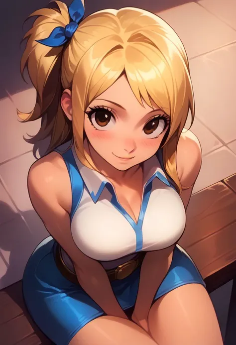 score_9, score_8_up, score_7_up,   (curvy), cute, eyelashes, 
leaning forward, blush, head tilt, aaLucy, brown eyes, hair ribbon, side ponytail, blonde hair, long hair, large breasts, white shirt, sleeveless, belt, blue skirt, sitting, from above, blush, s...