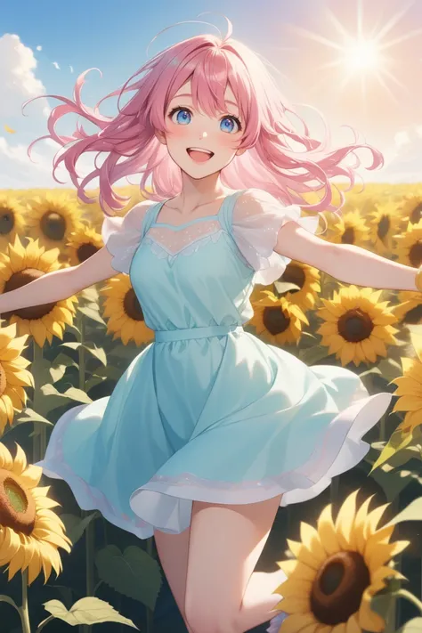 A cheerful anime girl with sparkling blue eyes and fluffy pink hair, wearing a pastel dress, cheerfully skipping through a field of sunflowers under a bright, sunny sky.