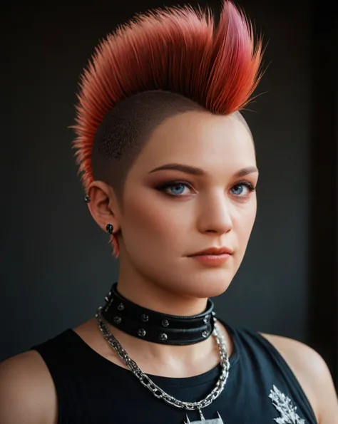 punk outfit, colored Mohawk hair, chain necklace, atmospheric, cinematic, high detail, masterpiece, score_9, score_8_up, score_7_up, score_6_up, score_5_up, score_4_up, source_anime, ultrarealistic <lora:S4ndr4_pony_tcd:0.75>