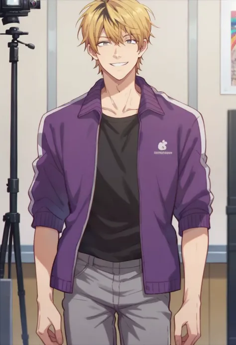 (score_9, score_8_up:1.1), score_7_up, tokimichi usahara, 1boy, solo, blonde hair, black hair, grey eyes, purple jacket, black shirt, grey pants, smile, looking at viewer, studio, rainbow, cameras