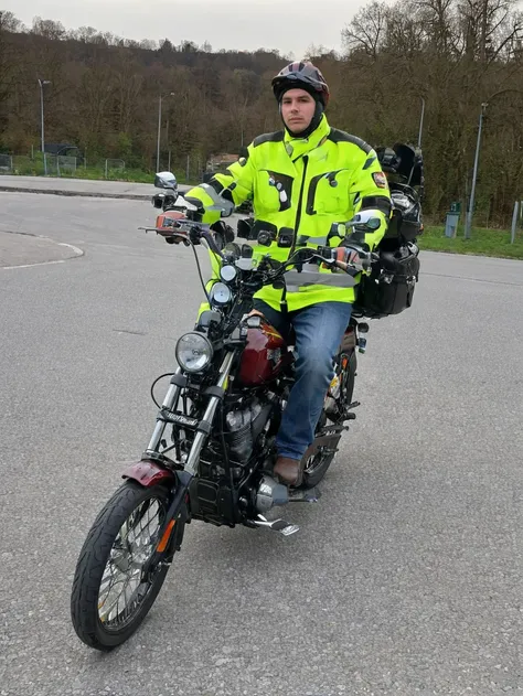 <lora:Anzeigenhauptmeister:1>  anzeigenhauptmeister riding on a harley davidson