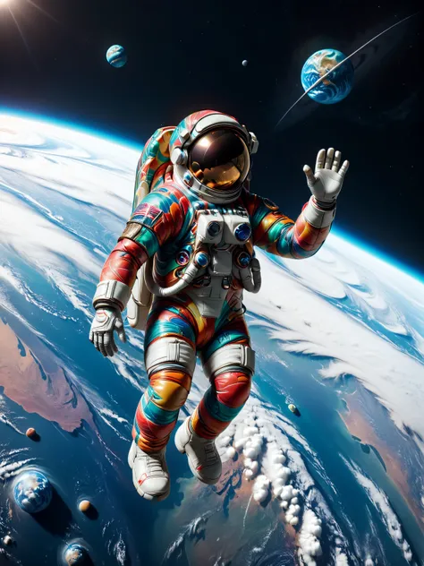 colorful mad-marbled-paper astronaut floating in orbit of earth, cinematic shot, detailed illustration, cinematic shot <lora:Colorful_Marbled_Paper_SDXL_v2:1.2>, masterpiece, best quality, ultra high res, (photorealistic, realistic:1.2), deep shadow, raw ...
