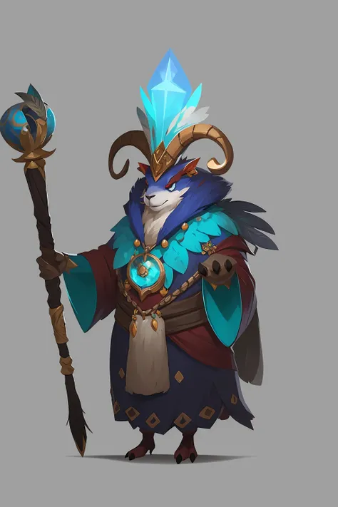 concept art, character design, Sheep Monster, wizard, furry, solo, jewelry, holding wand, Single holding, grey background, simple background, earrings, feathers, standing, tribal, necklace, full body <lora:ç»å¨æ¬§ç¾è§è²è®¾è®¡concept art_v1.1:0.9>