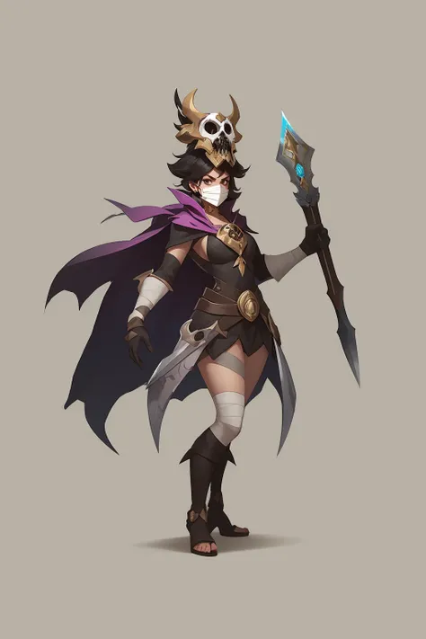 concept art, character design, 1girl, solo, animal skull, mask on head, gloves, dual wielding, black hair, holding dagger, simple background, standing, brown gloves, full body, toeless footwear, bandaged leg, white background, cape <lora:ç»å¨æ¬§ç¾è§è²...