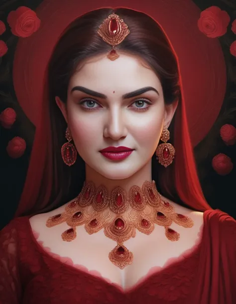 HoneyRose,<lora:HoneyRoseSDXL:1>portrait of a beautiful young lady, elegant, in the style of dark red and black, intricate details, 4k, absurdres, high quality, confident, matte painting, luminous sfumato, digital painting, very intricate, unforgettable, b...