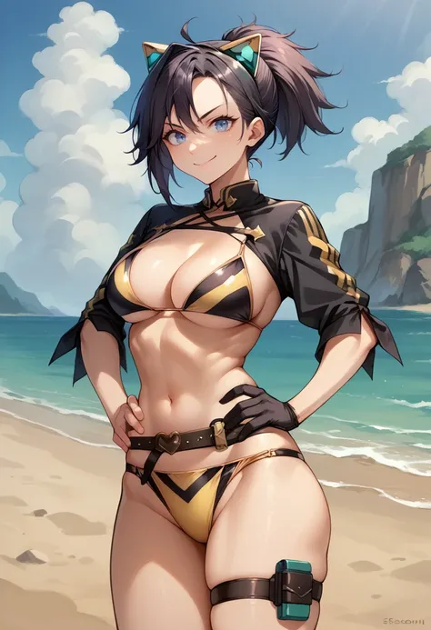 score_9, score_8_up, score_7_up, source_anime, KsonBikini, black hair, blue eyes, ponytail, fake animal ears, shrug (clothing), two-tone bikini, yellow bikini, black bikini, belt, black gloves, single glove, thigh strap, outdoors, beach, hands on hips, pro...