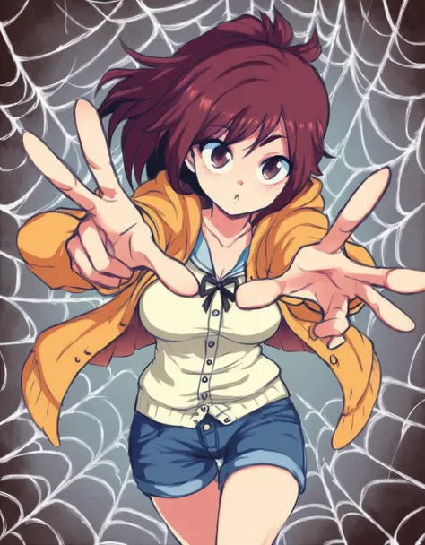 (art by verymediocre), 1girl, looking at viewer, cowboy shot, in a spiderweb, shorts, cardigan, outstretched arms