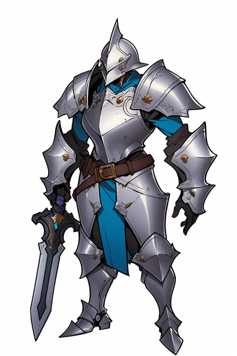 concept art, character design, knight, full armor, Single holding, solo, helmet, plate armor, ambiguous gender, gauntlets, holding sword, white background, simple background, standing, full body, boots, greaves, belt, <lora:ç»å¨æ¬§ç¾è§è²è®¾è®¡concept ...