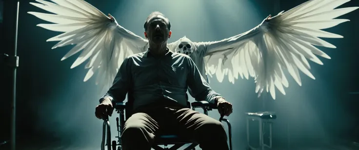 horror theme, raw, empathic movie still of a man tied to a medical chair, interrogated by political torturers and doctors, vivid life, (outting of his body, leaves his body like a ethereal ghost with large evanescent wings above his transparent body:1.3) i...