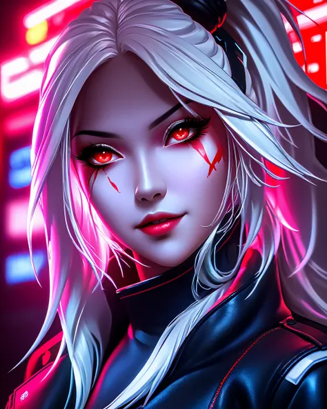 score_9, score_8_up, score_7_up, score_6_up,masterpiece, best quality,ultra fine details, blood_on_face, 

Traxex, 1girl, solo, white_hair , ponytail,Bust portrait, red_eyes,  wearing a tight leather jacket on top of a black hoodie, neon light. urban, futu...