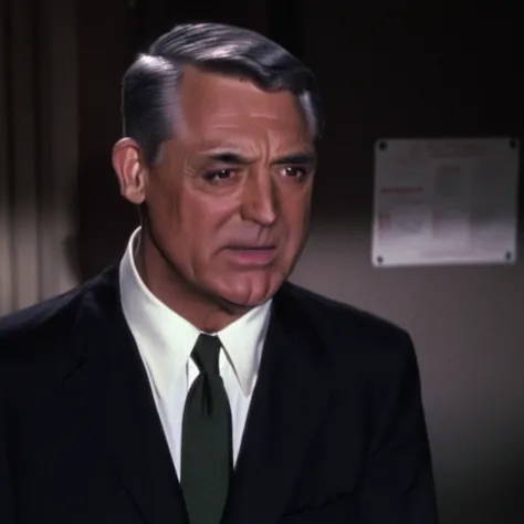 charade, carygrant, 1boy, male focus, necktie, solo, formal, shirt, realistic, suit, white shirt, collared shirt, black jacket, upper body, black necktie, jacket, closed mouth, short hair, facial hair, grey hair, black suit, black hair, looking to the side...