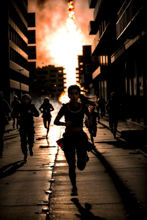 Medium format dark aesthetic photo, (Iranian girl running:1.3), Chaotic street protest, Tense atmosphere, (Flames lighting night sky:1.2), Intense urgency, Silhouettes in turmoil, Cracks of unrest, (Dramatic shadows:1.2), Captured with a Hasselblad 500C/M,...