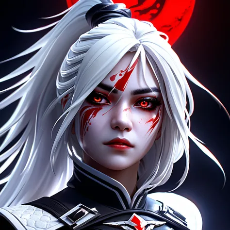  masterpiece, best quality,
Traxex, 1girl, solo, full body,white_hair, red eyes, blood_on_face, 
close-up portrait, ultra fine details, dramatic lighting, high contrast, ultra-realistic texture, cinematic.