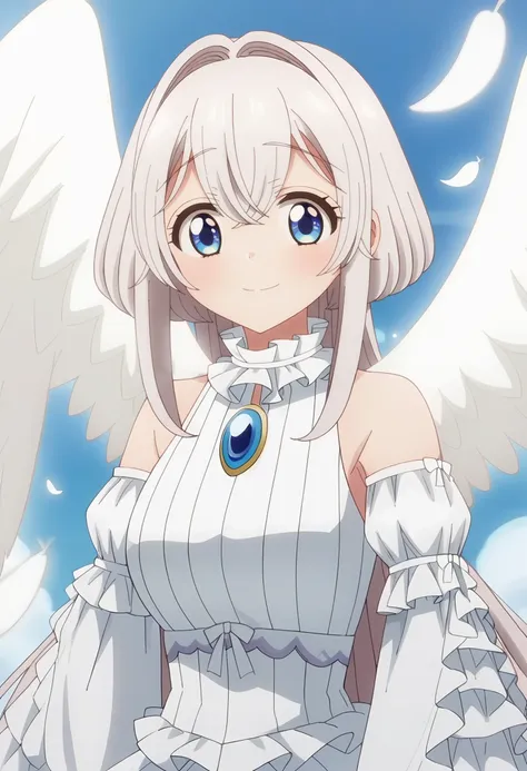 <lora:Towa:1> towa, long_hair, 1girl, white_hair, solo, blue_eyes, bangs, hair_between_eyes, smile, dress, bare_shoulders, jewelry , detached_sleeves, sleeveless, wide_sleeves,frilled_sleeves, brooch, gem, feathered_wings, angel_wings,  looking at viewer, ...