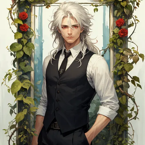 1boy, crimson red eyes, white hair, long hair, hair between eyes, wild and messy hair, sidelocks, masculine face, striking jaw line, toned body, black waist coat, watercolor style, flowers, leaves, vines, expressionless