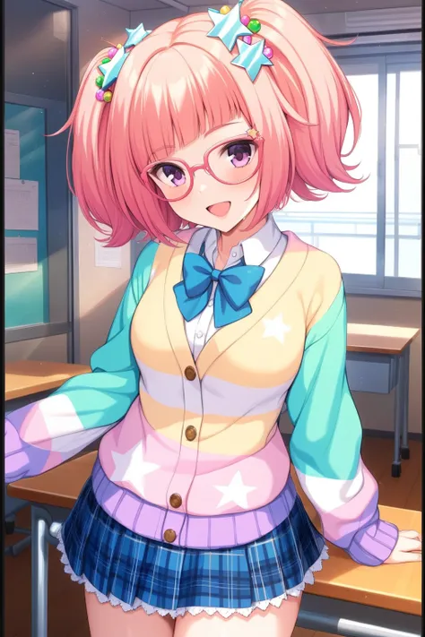 (masterpiece, best quality, very aesthetic, ultra detailed), intricate details, nejikawaraimu, solo, outdoors, classroom, pink hair, short twintails, hair bobbles, star hair ornament, asymmetrical bangs, short hair, pink-framed eyewear, glasses, purple eye...