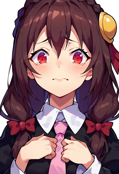 anime girl with long hair and a pink tie and a bird on her shoulder（yunyun (konosuba))