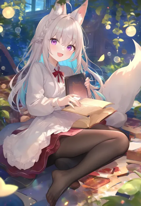 1girl, 
hiten,  
(azuuru:1.1), (torino aqua:1.2), (azuuru:1.1), kedama milk, fuzichoco, ask (askzy), chen bin, atdan, hito, mignon, 
fox girl, crown braid, ahoge, animal ears, braid, pantyhose, tail, long sleeves, fox tail, open book, :d, long hair, holdin...