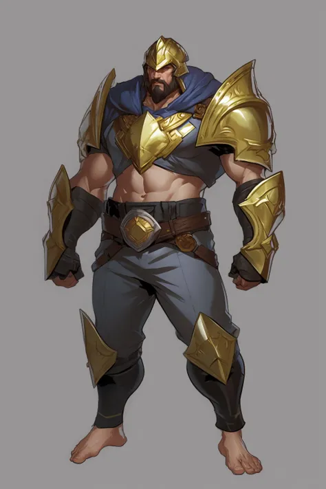 concept art, character design, 1man, solo, male focus, helmet, facial hair, standing, armor, gauntlets, simple background, navel, belt, grey background, barefoot, pants, full body, <lora:ç»å¨æ¬§ç¾è§è²è®¾è®¡concept art_v1.1:0.9>