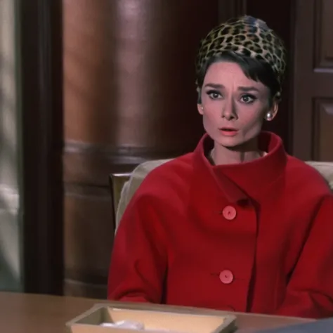 charade, audreyhepburn, 1girl, solo, jewelry, earrings, black hair, hat, realistic, parted lips, coat, black eyes, upper body, short hair, beanie, lips, looking at viewer, indoors, freckles, jacket, blurry, buttons, red coat, animal print, stud earrings, n...