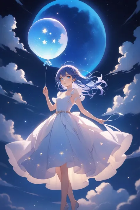 A dreamy anime girl with midnight blue hair and starry eyes, floating among clouds at night, holding a glowing moon-shaped balloon, her delicate dress shimmering with starlight.