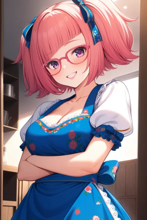 (masterpiece, best quality, very aesthetic, ultra detailed), intricate details, nejikawaraimu, solo, indoors, pink hair, short twintails, food-themed hair ornament, hair ribbon, asymmetrical bangs, short hair, pink-framed eyewear, glasses, purple eyes, med...