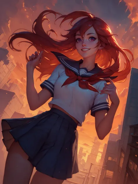 young woman, medium breasts, purple eyes, red hair, long hair, school uniform, city, looking at viewer, dusk, orange sky, smiling, dynamic angle, solo, clouds, <lora:LeagueOfLegends-000008:0.8>, score_9, score_8_up, score_7_up, score_6_up