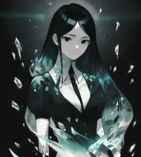 score_9,score_8_up,score_7_up,score_6_up,source anime BREAK,
1girl, solo, solo focus, black hair, dark background, glowing, chromatic aberration, gradient hair, crystal hair, black eyes, cleavage, dress, cowboy shot, gem, straight-on, monochrome, long hair...