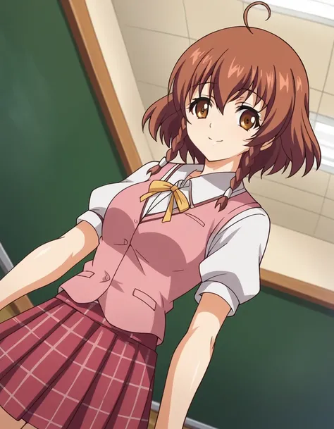 score_9, score_8_up, score_7_up, source_anime,
nonoamomose, <lora:nonoa-momose-ponyxl-lora-nochekaiser:1>,
nonoa momose, short hair, brown hair, brown eyes, braid, ahoge, twin braids,
skirt, school uniform, short sleeves, vest, plaid, plaid skirt,
indoors,...