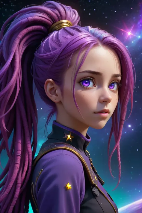 score_10,score_9, score_8_up, score_7_up, score_6_up, score_5_up, (masterpiece), 8k, very wide shot, volumetrics dtx, portrait, magical of stars, beautiful eyes, (dreadlocks:0.5) in a ponytail, (Violet head:1), vibrant colors, highly detailed