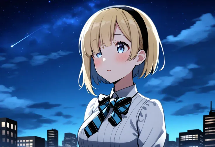 <lora:Okuzora Kohaku:1>,okuzora kohaku, hair over half eye, 1girl, solo, sky, blonde hair, outdoors, short hair, hairband, star (sky), bow, starry sky, building, night, blue eyes, parted lips, striped bow, blush, bowtie, upper body, long sleeves, night sky...