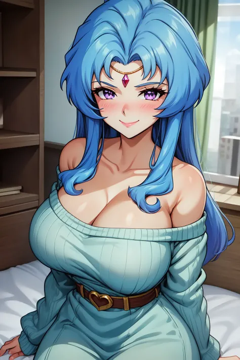 1girl, solo, cowboy shot, bed,room smile,
midou_maria, purple eyes, blue hair, long hair, forehead gem, white sweater, sweater dress, off shoulder, collarbone, cleavage, ribbed sweater, <lora:midou_maria_lora_ver1:0.8>, best quality, masterpiece, highres, ...