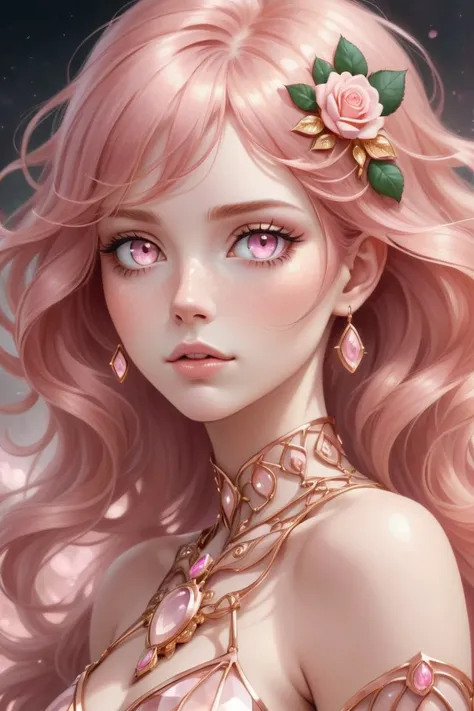 score_10,score_9, score_8_up, score_7_up, score_6_up, score_5_up, A beautiful rose gold haired gold eyed woman with rose quartz gems in her hair