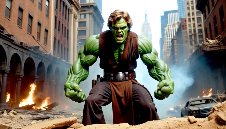 cinematic film still HulkRay, Anakin Skywalker, Hulked Out, roaring, broken city background, shallow depth of field, vignette, highly detailed, high budget Hollywood film, cinemascope, moody, epic, gorgeous, 