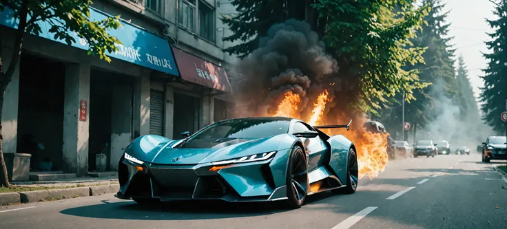 The Yangwang U9,Cyberpunk style,sports car running on the street,smoke and fire,looking up,forest,grass,ground vehicle,motor vehicle,nature,no humans,outdoors,road,scenery,street,tree,vehicle focus,bright tones,real light and shadow,best cinematic quality,...