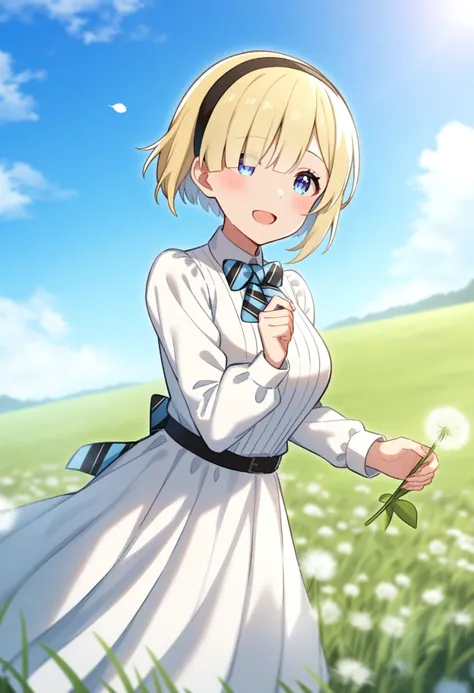 <lora:Okuzora Kohaku:1>,okuzora kohaku, hair over half eye, blue eyes, 1girl, outdoors, blonde hair, hairband, open mouth, bow, smile, holding flower, short hair, holding, flower, bowtie, dress, black hairband, day, white dress, dandelion, striped bow, blu...