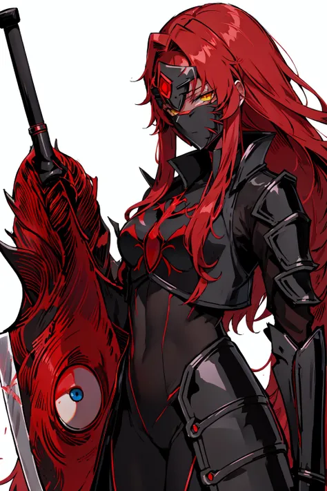 <lora:RedMistGebura-000004:0.9>red long wavy hair,solo,yellow eyes ,scars on face,holding Mimicrys sword,(red_mist_gebura,black armor,black helmet),