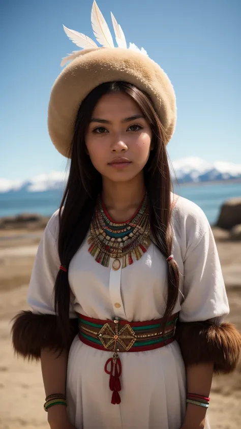 photo of an inuit woman, young, 25 years old, beautiful, wearing stone age clothing made from natural fabrics like linen, cotton, or furs, adorned with feathers, beads and shells