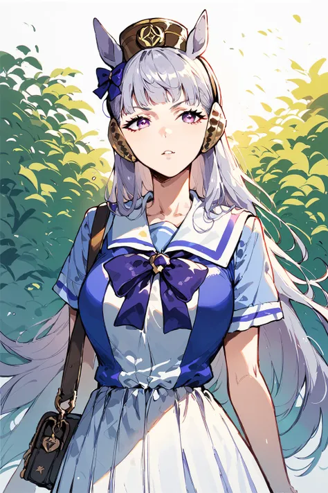 <lora:Gold_Ship__Uma_Musume_Pretty_Derby_:1>, score_9, score_8_up, score_7_up, score_6_up,
1girl, solo, gold ship (umamusme), cowboy shot,
horse ears, horse girl, long hair, grey hair, bangs, breasts, purple eyes, hat,
light purple school uniform, white skirt, ggss