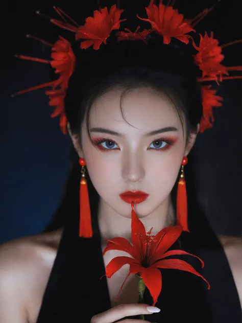 arien photography,chinese art photography,1girl,solo,hair ornament,black hair,jewelry,earrings,holding,red flower,looking at viewer,long hair,spider lily,red lips,black eyes,makeup,portrait,eyelashes,lips,lipstick,hair flower,blue eyes,tassel,upper body,pa...