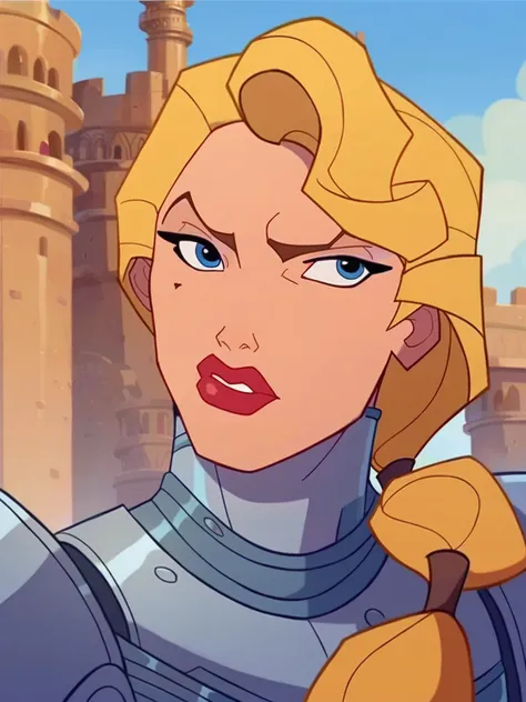 <lora:Helga_Sinclair:0.8> 1girl, blue eyes, blond hair, long ponytail hair, red lips, mole under eye,       ((steel knight armor)), castle background, score_9, score_8_up, score_7_up,