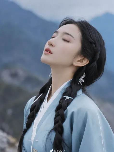 arien photography,chinese art photography,1girl,solo,long hair,black hair,closed eyes,upper body,parted lips,circlet,blurry background,long sleeves,hair ornament,realistic,teeth,watermark,looking up,blurry,from side,outdoors,mountain,lips,tiara,braid,chine...