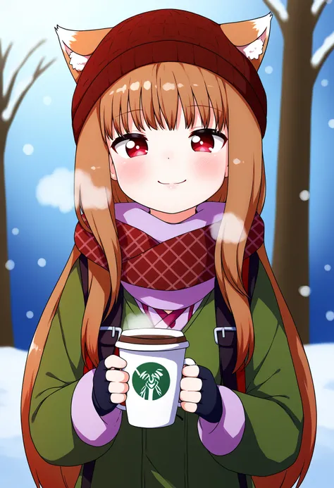 score_9, best quality, masterpiece, uncensored, source_anime
BREAK
1girl,solo, holo (spice and wolf), wolf ears, wolf tail, looking at viewer,smile,gloves,long sleeves,hat,holding, red eyes,jacket,upper body,multicolored hair,outdoors, day,black gloves,hoo...